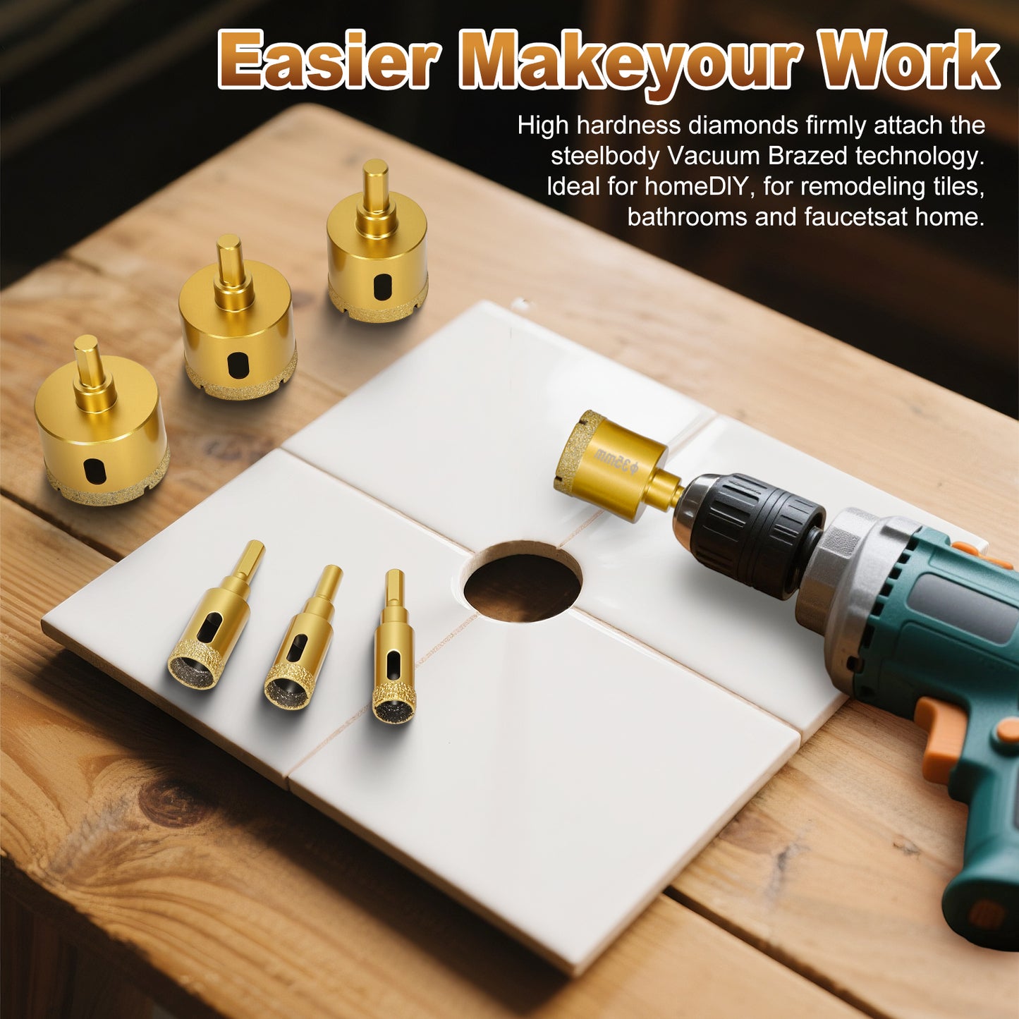 Diamond Hole Saw Bits,Dry/Wet Brazing Tile Drill Hole Saw Kit,15pcs (6-50mm) Diamond Core Drill Bit Set for Ceramic, Glass, Tile, Gypsum, Marble, Granite